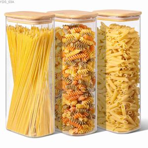 Förvaringsflaskor burkar rektangel Clear Storage burkar med bambu lock för sockerkaffe skafferi arrangör container för pasta te godis nötter 240327