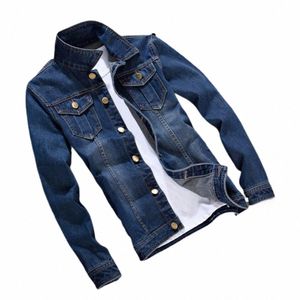 Män denimjacka Autumn Winter Men Jeans Jacket LG Sleeve Popular Slim Fit Turndown Collar Jeans Jacket för att arbeta R6QR#