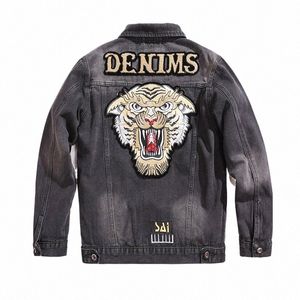 2024 Spring New Men's Denim Jacket Fiable Tiger Head Brodered Print Outdoor Motorcykelstil Casual Slim Fit Top Jacket 98ha#