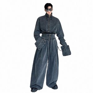 iefb Men's Wear Persality Denim Pants Set Two-piece New Fi Zipper Short Jacket Wide Leg Trousers Big Pocket Autumn 9C1543 71lB#