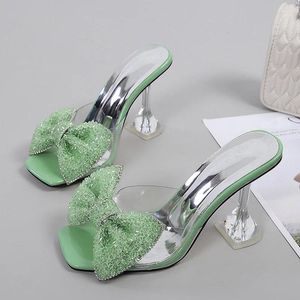 TRILEINO Party Slippers 471 Sexy Summer Fashion Green Bow Heels Sandals Women Square Open Toe PVC Transparent Slides Shoes 26