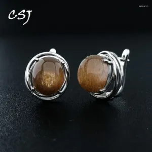 Studörhängen CSJ äkta naturlig Sunstone Earring Sterling 925 Silver Gemstone Oval12 10mm för kvinnor födelsedagsfest smycken gåva