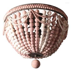Ceiling Lights Vintage Pink Wood Bead White/Blue Antique Wooden Lamp For Hallway Kitchen Girls Room French Light Fixture