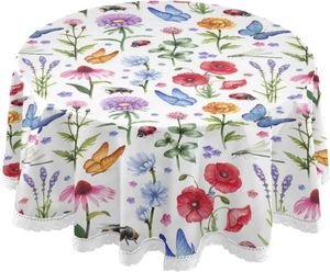 Wild Flowers Poppy Ladybug Butterfly Round Tracloth Spring Floral Daisy Circular Table Cover Washable Polyester Tabletop Decor 240312