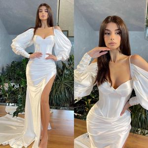 Elegant White Mermaid Evening Dresses Sweetheart Long Sleeves Formal Long Party Prom Dress Split Pleats Dresses for special occasion