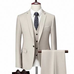 Män Slim Busin Casual Suits Dr Suit Three-Piece Set Jacket Pants Vest / Mane Wedding Groom Blazer Coat byxor Waistcoat F8DI#