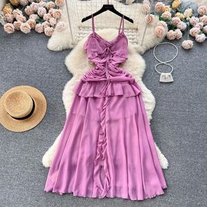 Casual Dresses Romantic Atmosphere For Women's Tourism Vacation Dating Girls Ruffles Waist Closure Backless Purple Sling Dress