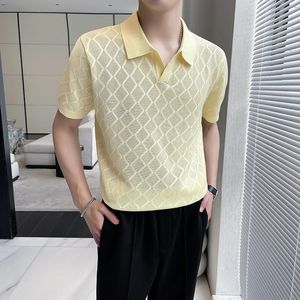 Mens Slim-Fit V-Neck Hollow-Out Knitted Polo Shirt with LapelShort Sleeve Golf Shirt for MenTee Shirt HommeCamiseta Masculina 240326