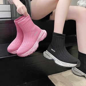 Sapatos casuais de sola grossa sapatos altos para mulheres na primavera nova mosca tecido meias elásticas botas pai um pé coco esportes