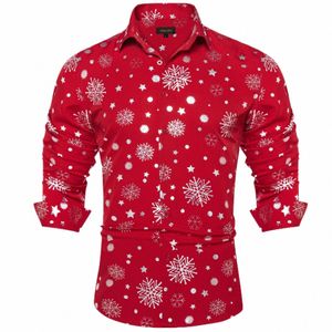 christmas Men's Shirt Party Men Clothing Red Lg Sleeve Butt Down Collar Dr Shirts Blouse with Sier Snowflake Pattern z83a#