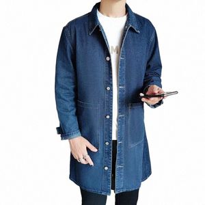 mid-length Denim Windbreaker Jacket Men Spring Autumn Casual Trench Coat Korean Fi Solid Wild Loose Male Trendy Outerwear 65qZ#