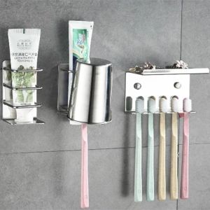 Hållare rostfritt stål väggmonterat badrum förvaring rack mångsidig tandkräm tandborste hållare spårlös självhäftande kopphållare