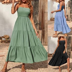 Casual Dresses Summer Spaghetti Strap Maxi Dress Sleeveless Elegant Solid Ruched Robe Bohemian Style Beach Long For Women