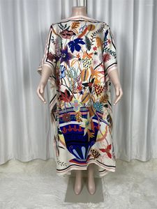 Women's Swimwear 2024 African Saudi Arabian Scarf Loose Print Silk Maxi Dress Summer Beach Bohemian Robe Kaftan Kimono Short Sleeve C46