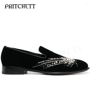 Crystal Embellished Casual Shoes Men's 111 Leather Loafers Black Suede Low Cut Square Root Slip-On Elegant Formal Business