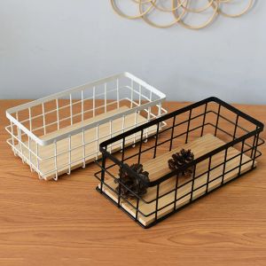 Baskets Metal Wire Storage Basket Wood Base Wrought Iron Organizer Hanging Home Cosmetics Finishing Wall 25x10x7cm Black