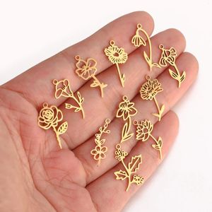Charms 5Pcs/Lot Stainless Steel Birth Month Flower 12 Birthday Floral Pendants Diy Gifts Necklace Bracelet Jewelry Making