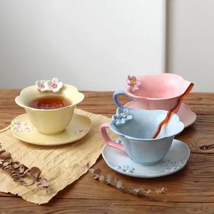 Cups Saucers Simple Korean Petal Coffee Cup And Saucer Set Embossed Mug Ceramic Drinking Utensils Afternoon Tea Office Home