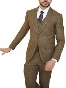 brown Men's Suit 3 Pieces Blazer Vest Pants Single Breasted Peaked Lapel Stripes Plaid Busin Slim Wedding Groom Costume Homme C6Jv#