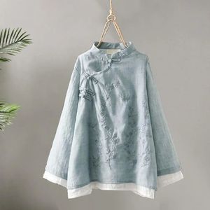 Mulheres primavera topo estilo chinês bordado flor padrão camisa vintage cor sólida nó botão solto roupas femininas 240321