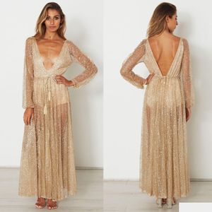 Basic & Casual Dresses Lady Evening Party Long Dress With Rhinestone Gold Maxi Sleeves Mesh Y Deep V-Neck Clothing Drop Delivery Appa Dhxjp