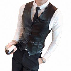 2022 Leather Vest Men New Fi Casual High Quality Solid Color Single Breasted Slim Large Size Busin Vest Waistcoat S-5XL y3r5#