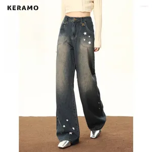 Kvinnors jeans vintage stjärnor tryck avslappnad hög midja street stil blå rak byxor bred ben baggy y2k denim byxor