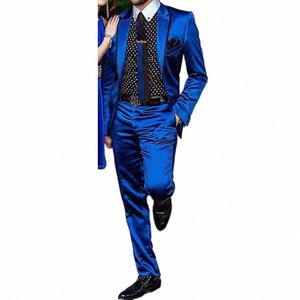 Fi Royal Blue Satin Men Suits Set Chic PromディナーパーティーWedding Tuxedo Slim Fit Groom Suits Custom Shiny Blazer Pants 50NF＃