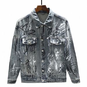 2024 Nowy nadruk rozproszony vintage dżinsowa kurtka męska Fi Graffiti Hip Hop Lapel płaszcz męski dżinsy dżinsy G49x#