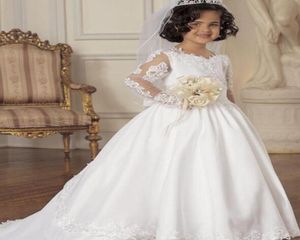 На заказ платья для девочек-цветочниц для свадебных торжеств Дешевые атласные аппликации с кружевным шлейфом и длинными рукавами маленькие платья для девочек-цветочниц 6297437