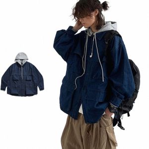 hooded Denim Jacket Men Women Vintage Detachable Cap Cargo Coat Japanese Oversize Loose Casual Top Spring Couple Unisex Overcoat l0MS#