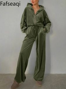Grüner Damen-Samt-Trainingsanzug, Sportanzug, Hose mit weitem Bein, Hoodies mit Reißverschlüssen, zweiteiliges Set für Damen, gerade Heimhose, 240327