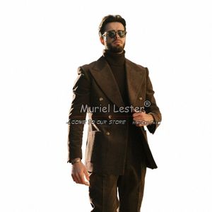 Brown Man Corduroy Suits Double Breasted Blazer Pants 2 Pieces Groom Wedding Tuxedos Bespoke Busin Office Jacket Men's Dr X3ke#