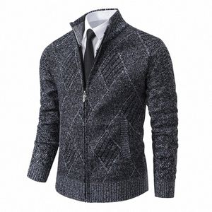 Autumn Winter Jackets män smart casual stativ krage tröja med fi geometrisk stickad ytterkläder mens smala kappa blixtlås jacka p45s#