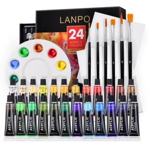 Cremalheiras de tinta acrílica, 24 cores, tubo de 12ml, conjunto de tinta acrílica, com 6 pincéis de nylon, 1 paleta, tinta para pintura em tecido, pigmentos ricos