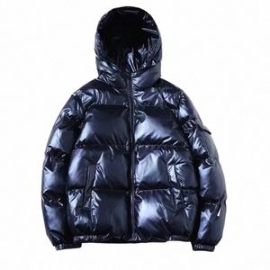 Unisex glänzende schwarze Jacke Mäntel Damen und Herren Parkas gepolsterte Kapuze warme Jacken H3d7 #