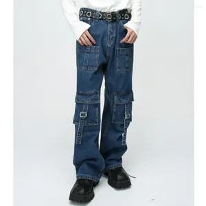 Jeans masculinos 2024 primavera zíper algodão coreano solto personalidade de rua múltiplos bolsos emenda conceber pernas largas