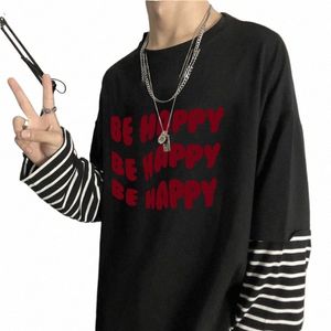 FI Letter Be Happy Print Patchwork T Shirt Summer Styles LG Sleeve Patchwork Tees Shirts Overdimensionerade Simple Tops T-shirts Z5nn#