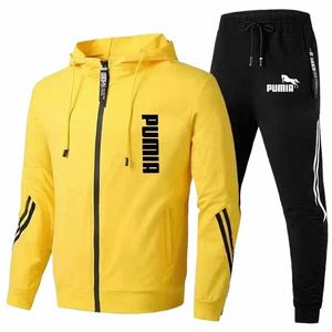 Män Autumn Winter LG Sleeve Sport Tracksuit Fi Zipper Jackets and Sweatpants Casual Male Fleece Printed tröja Suits I9H7#