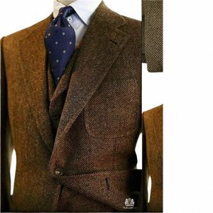 Brown Herringbe Tweed Homens Terno Vintage Outono Inverno Noivo Smoking Ternos Formais Ternos de Casamento Para Homens 3 Peça Terno Clássico dos homens A6T4 #