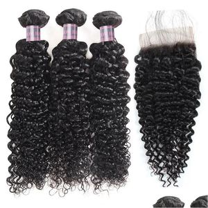 Hår wefts peruansk kinky curly djup våg 3/4 st med spetsstängning brasiliansk yaki rakt vatten indiska mänskliga buntar släpp leverans pr otmiq