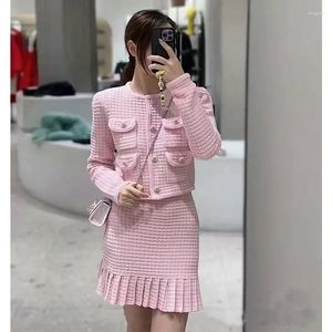 Women's Knits 2024 Early Spring Pink Round Neck Cardigan Jacket / Hip-covering Short Skirt Suit