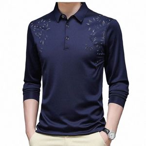 men's Spring and Autumn Pullover Turndown Collar New Combinati Print Butt Ice Silk Fi Loose Lg Sleeved T-shirt Tops m9vF#