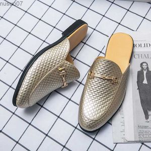 Terlik Lüks marka Gold Mens terlik katır toka loafers erkek deri tasarımcı ayakkabıları düz ayakkabılar parti kaydırıcısı chaussure hommel2403