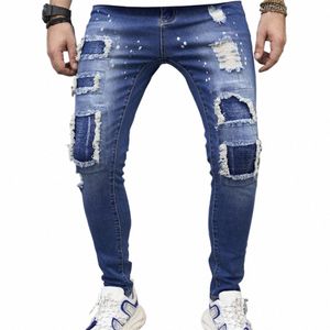 2023 Män Stylish High Street Ripped Patch Pencil Jeans Trousers Male Casual Slim Denim Pants Q2YQ#