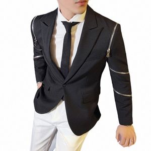 men Spring High Quality Busin Suit Men's Zipper Design Slim Fit Hip Hop Style Casual Tuxedo Man Fi Blazers Jacket 4XL 93vU#