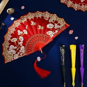 Decorative Figurines Chinese Style Hand Held Folding Fan Flower Printed Lace Silk Wedding Party Dance Art Craft Gift