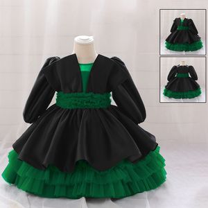 Adorável joia verde/preta com mangas compridas para meninas, vestidos para desfile, vestidos de flores para meninas, vestidos de aniversário/festa para meninas, saias do dia a dia, roupas infantis, SZ 2-10 D327212