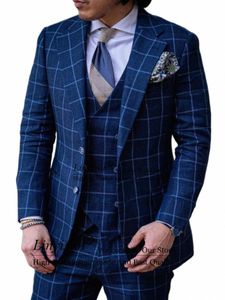 stilig marinblå smal check rutiga mens kostymer för bröllop brudgummen tuxedos 3 stycken set manlig busin tuxedos terno masculino s7u4#