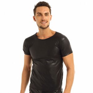 Herrläder T-shirts Elastic Fi Pu Leather Tees Camisa U6HS#